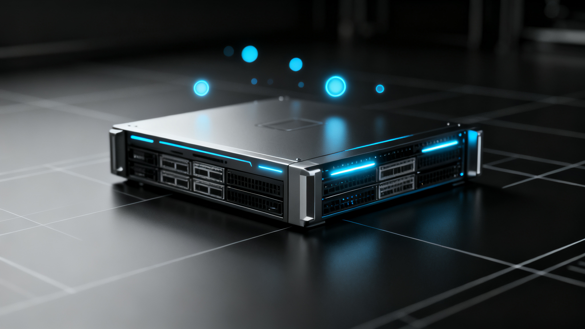 Futurisztikus szerver node lágy kék fényekkel